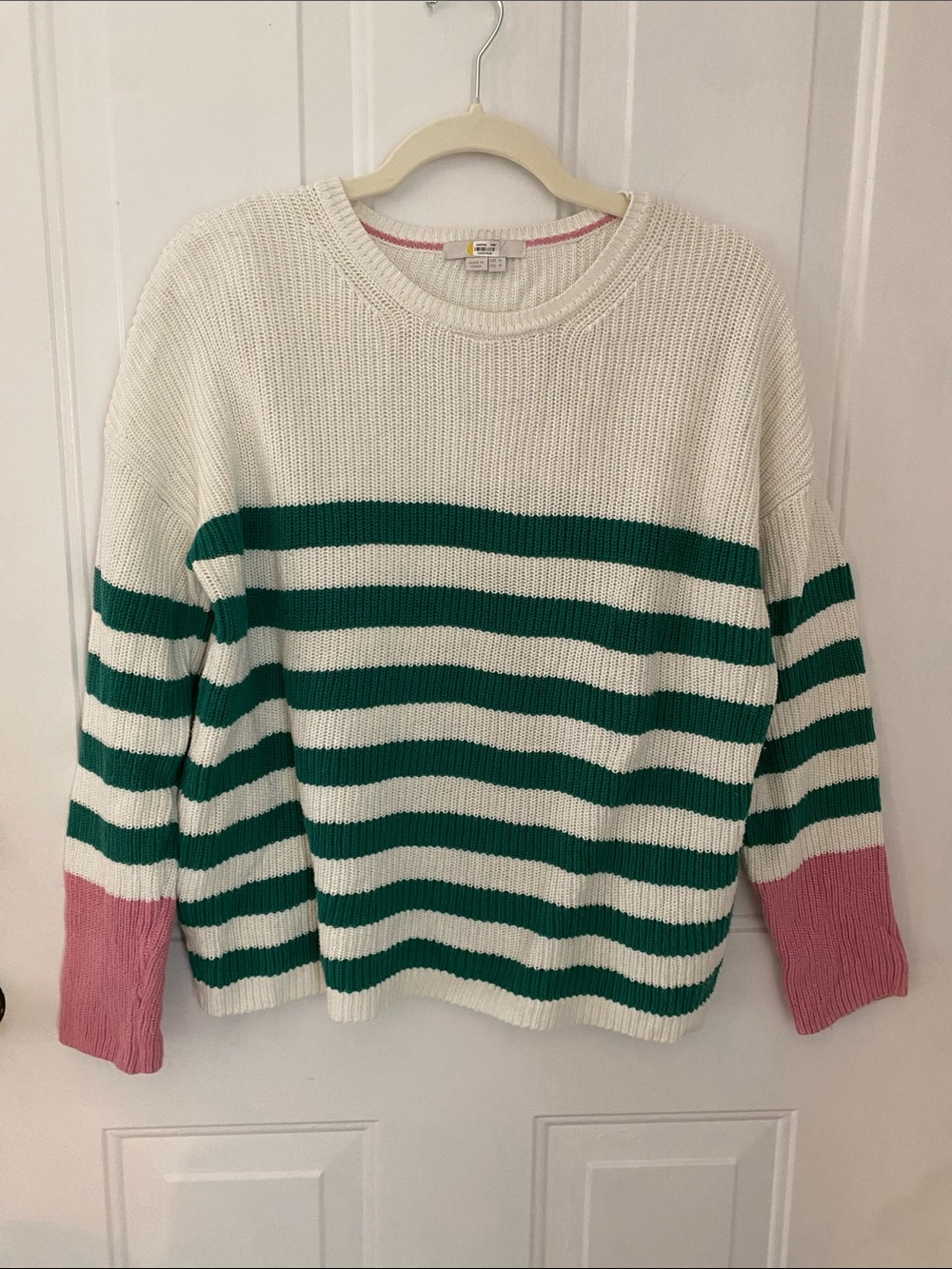 Boden Striped Crewneck Sweater in White, Green & Pink